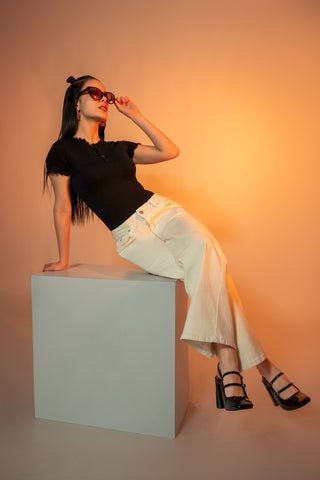 Jeans wide leg tiro alto