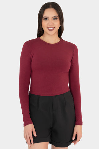 Playera crop manga larga cuello redondo