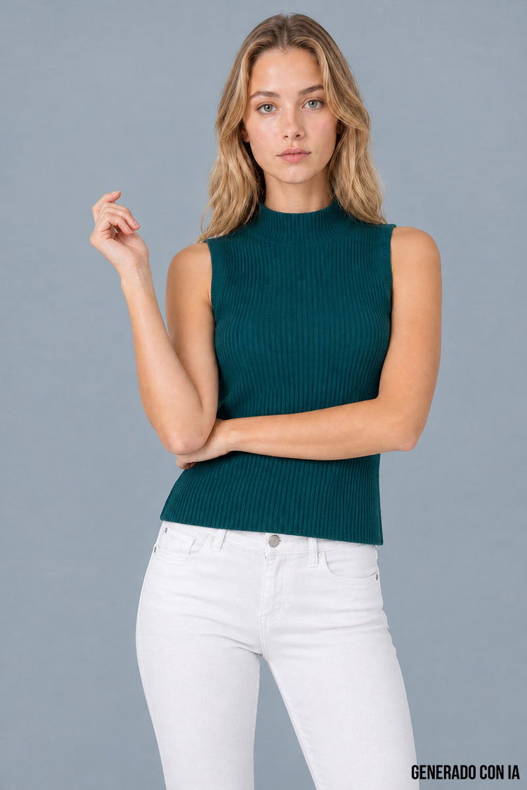 Blusa tejida sin mangas cuello alto