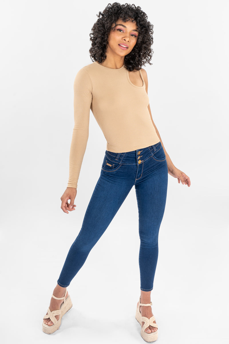 Jeans Skinny Pretina Ancha con Corte Berona para Mujer