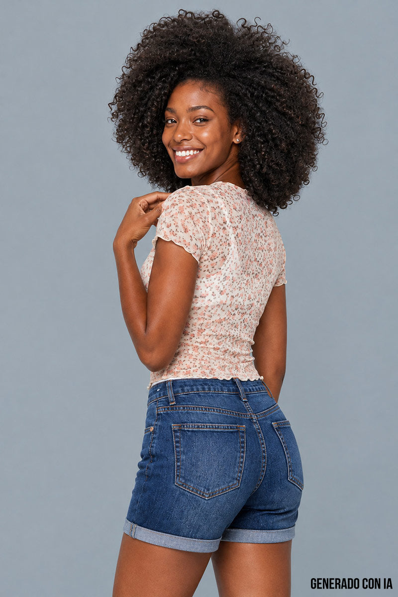 Playera  floral mesh manga corta