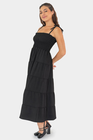 Vestido midi con olanes y amarre